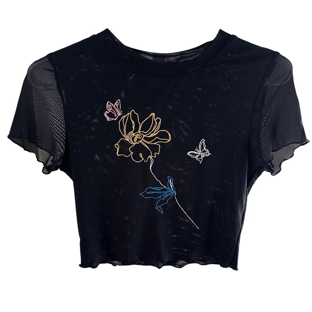 Cider Black Mesh Crop Top Embroidered Floral Butterfly Lettuce Trim Small